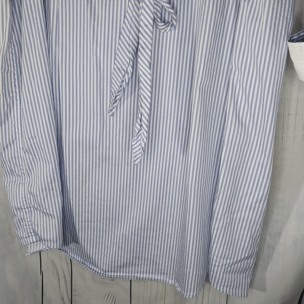 UNTUCKit Blue And White Pinstripe Tie Waist Long Sleeve Shirt Dress - Picture 13 of 13
